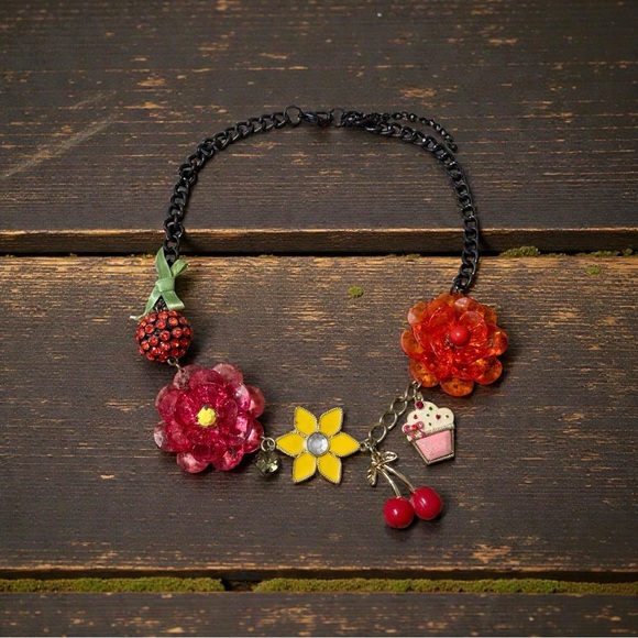 Betsey Johnson Jewelry - Vintage Betsey Johnson Colorful Floral, Cupcakes & Cherries Charm Necklace